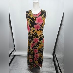 Coldwater Creek Black Maxi Dress with Pink & Gold Floral Print Large (6430)